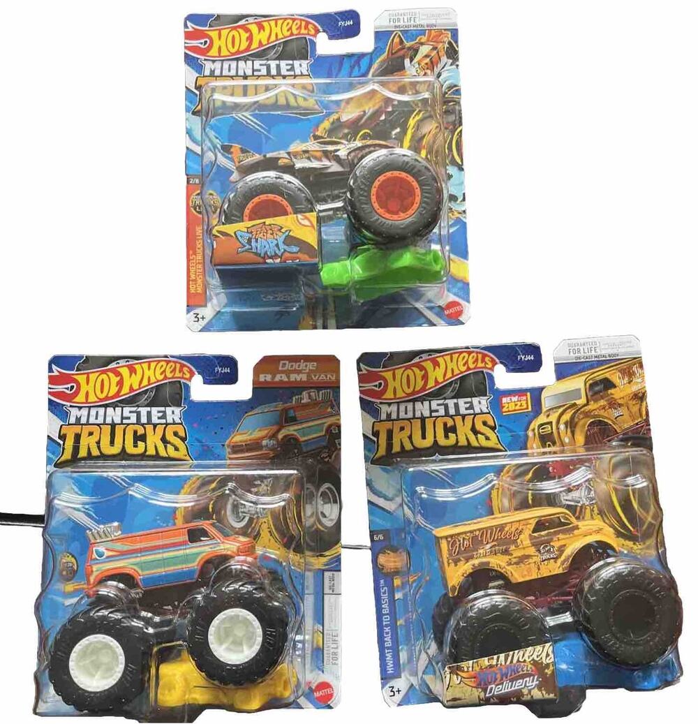 Hot Wheels Monster Trucks Lot Of 3 Tiger Shark Hot Wheels Delivery Dodge Van